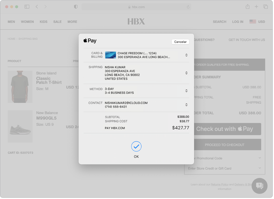 Um ecrã de um Mac a mostrar uma compra online a ser efetuada através da opção “Apple Pay” no Safari.