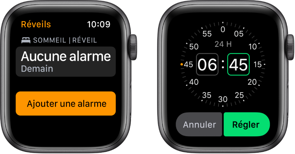 Deux cadrans montrant comment ajouter un réveil : Touchez Ajouter un réveil, touchez les heures ou les minutes (et AM ou PM, le cas échéant), faites tourner la Digital Crown pour régler l’heure puis touchez Régler.