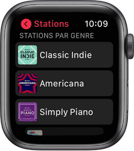 L’écran Radio affichant trois stations de radio Apple Music par genre.