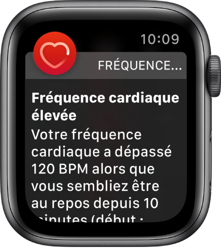 L’écran « Fréquence cardiaque élevée » affichant une notification mentionnant que votre fréquence cardiaque a dépassé 120 bpm pendant une période d’inactivité de 10 minutes.