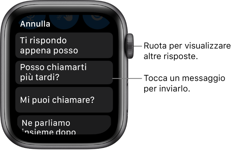 La schermata di Mail che mostra il pulsante Annulla in alto e tre risposte predefinite (“Ti rispondo appena posso.”, “Posso chiamarti più tardi?” e “Mi puoi chiamare?”).