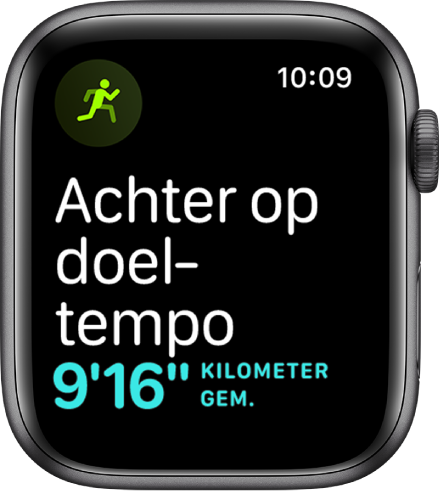 Een Work-out-scherm waarop wordt aangegeven dat je langzamer gaat dan je doeltempo.