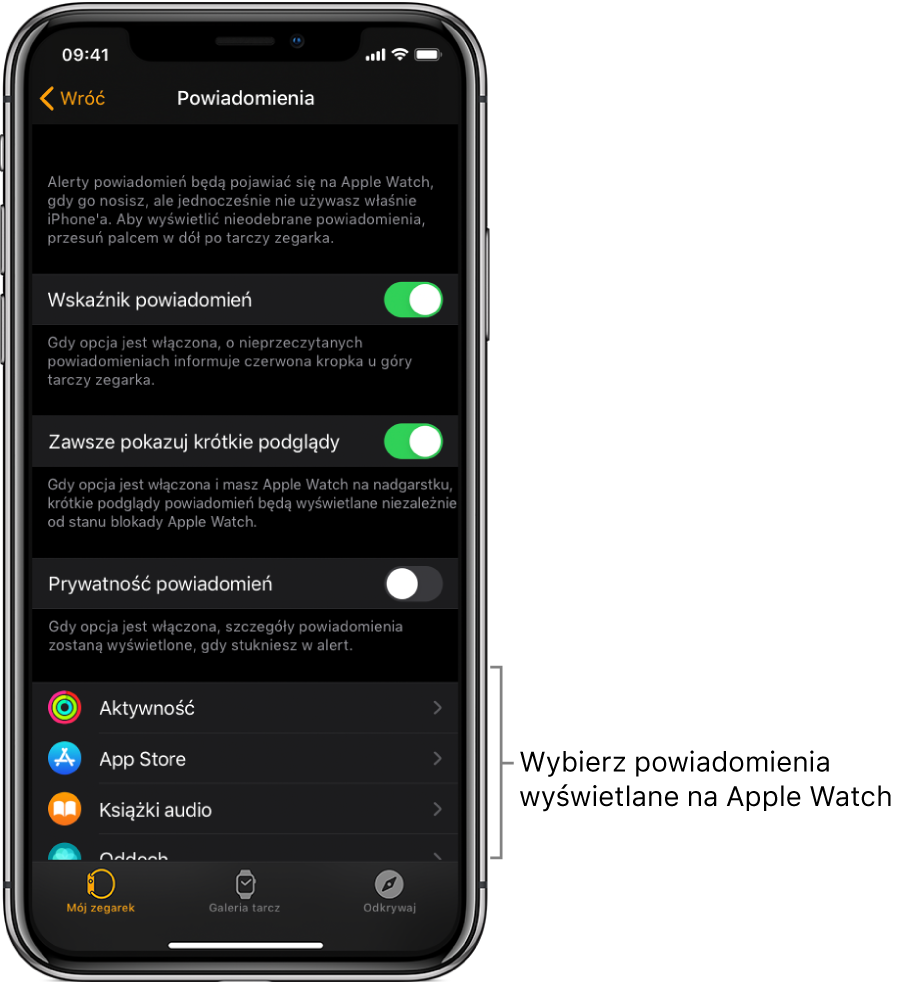 Ekran Powiadomienia w aplikacji Watch na iPhonie, wyświetlający źródła powiadomień.