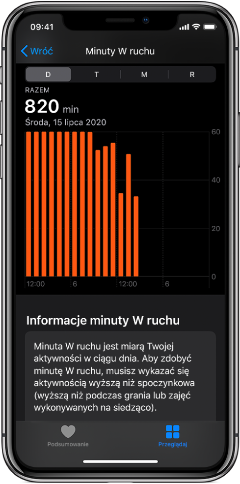 iPhone wyświetlający raport dotyczący minut w ruchu. Na dole widoczne są karty Podsumowanie oraz Przeglądaj. Karta Przeglądaj jest zaznaczona.