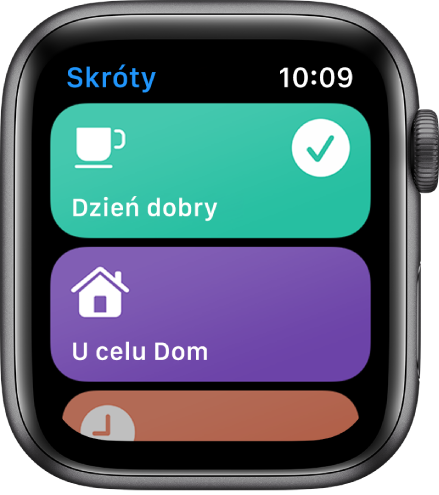 Aplikacja Skróty na Apple Watch, wyświetlająca dwa skróty, Dzień dobry oraz Szacowany czas powrotu do domu.