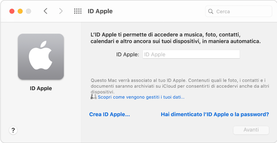 Finestra di dialogo di accesso all'ID Apple, pronta per l'inserimento del nome e della password di un ID Apple.