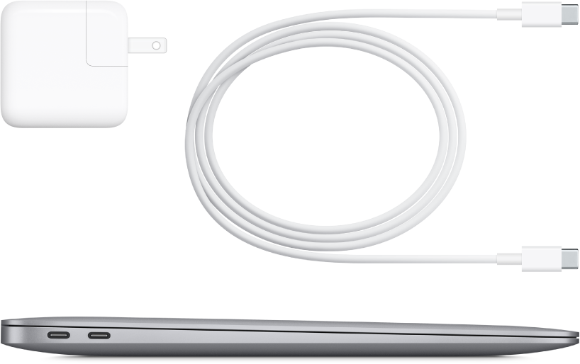 Boční pohled na MacBook Air s dodávaným příslušenstvím