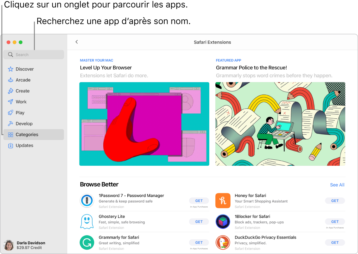 La fenêtre de l’App Store affichant le champ de recherche et une page d’extensions Safari.