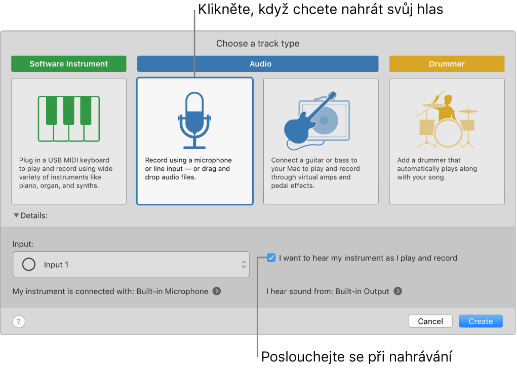 Panel nástrojů GarageBandu s popisky ukazujícími, kam je třeba kliknout, chcete‑li nahrávat hlas nebo zapnout odposlech při nahrávání