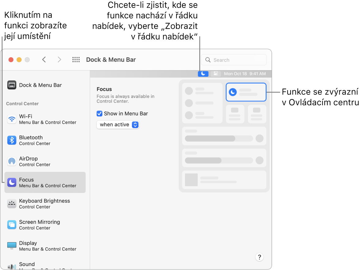 Okno předvoleb Dock a řádek nabídek