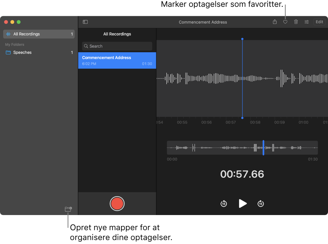 Vinduet Memoer, der viser, hvordan du opretter nye mapper eller markerer en optagelse som favorit.
