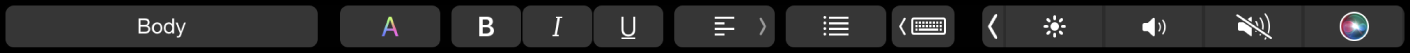 Die Pages-Touch Bar mit Tasten zum Ändern von Absatzstil, Textfarbe, Textformatierung und Textausrichtung. Außerdem befindet sich die Taste „Schreibvorschläge“ in der Touch Bar.