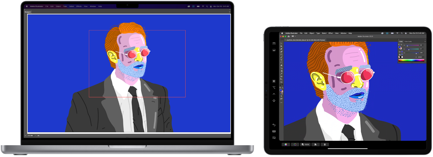 Ein MacBook Pro und ein iPad nebeneinander. Auf dem MacBook Pro sind Bilder im Navigatorfenster von Illustrator zu sehen Auf dem iPad sind dieselben Bilder im Dokumentfenster von Illustrator umgeben von Symbolleisten zu sehen.