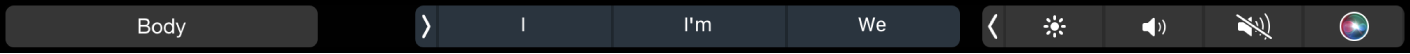 Touch Bar de Pages con el botón de estilos de párrafo y las sugerencias de escritura.