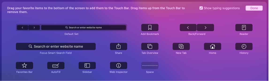 Las opciones de "Personalizar Safari" que se pueden arrastrar a la Touch Bar.