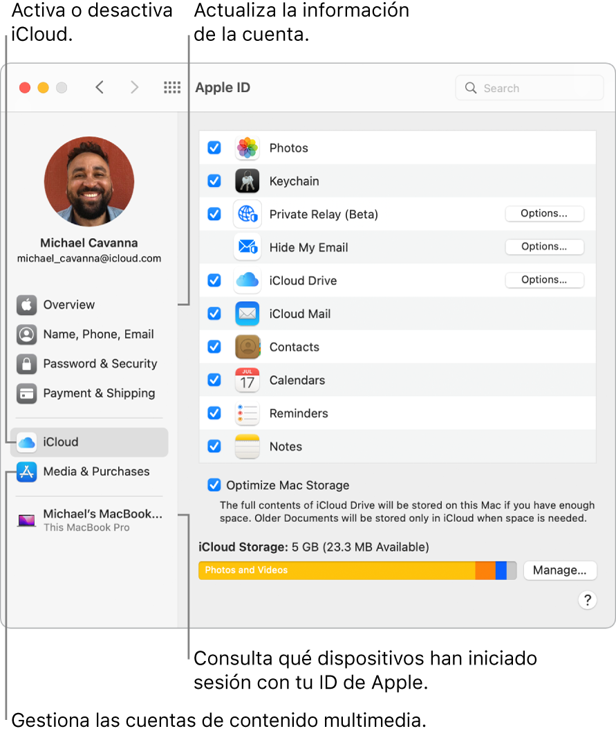 El panel ID de Apple de Preferencias del Sistema. Haz clic en un ítem de la barra lateral para actualizar la información de tu cuenta, activar o desactivar iCloud, gestionar tus cuentas de redes sociales o ver todos los dispositivos que han iniciado sesión con tu ID de Apple.