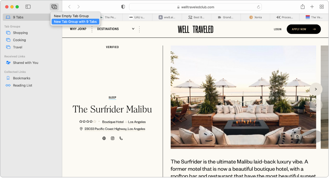Une page Safari montrant la barre latérale ouverte, avec le menu « Groupe d’onglets », ainsi que les éléments de la barre latérale Groupes d’onglets, Liens reçus (Partagé avec vous) et Liens collectés (Signets, Liste de lecture).