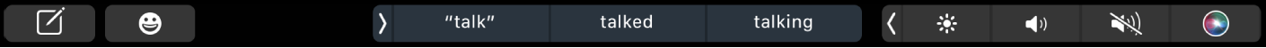 Touch Bar de Messages avec des boutons pour rédiger un message et ajouter des Emoji. Il existe également des boutons permettant d’afficher des suggestions.