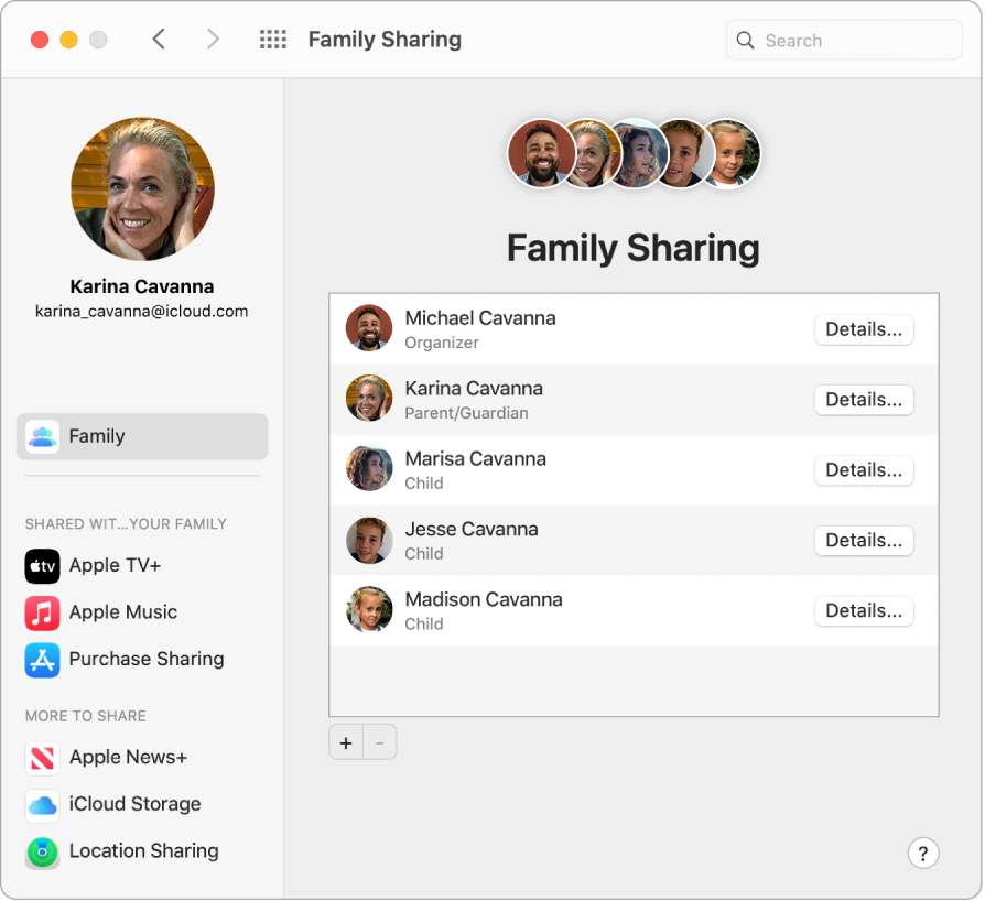 Fenêtre de préférences affichant les réglages « Partage familial ».