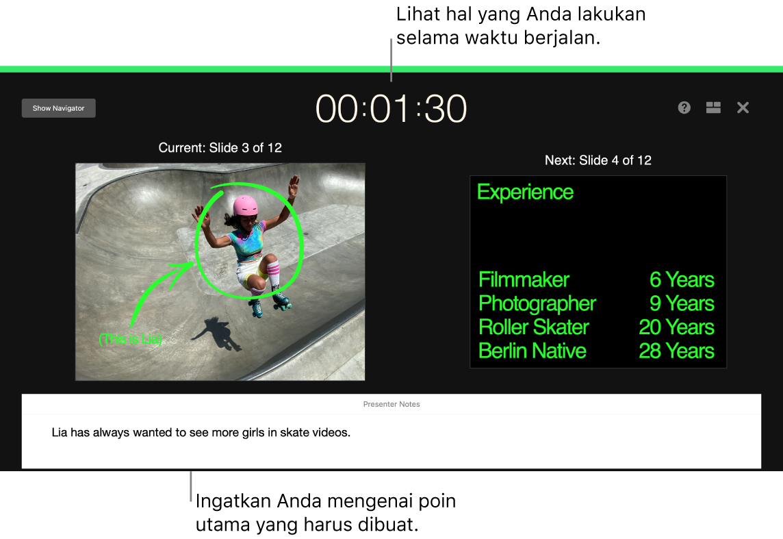 Jendela Keynote menampilkan fitur Coba Putar Pertunjukan Slide.