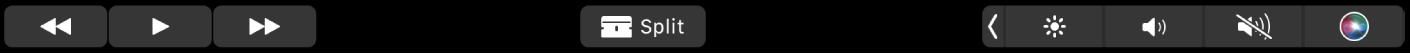 La Touch Bar di iMovie quando un videoclip è in riproduzione. Sono presenti i pulsanti per riavvolgere, riprodurre, mandare avanti velocemente, dividere un videoclip e regolare il volume.