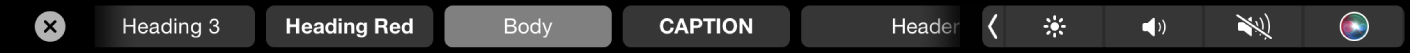 Lietotnes Pages josla Touch Bar ar parādītiem rindkopu formatēšanas stiliem, to skaitā nosaukumiem, virsrakstiem un parakstiem.