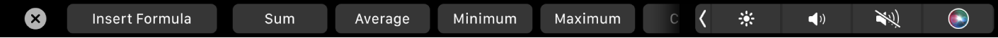 De Touch Bar voor Numbers met de formuleknoppen. Er zijn knoppen voor som, gemiddelde, minimum, maximum en aantal.