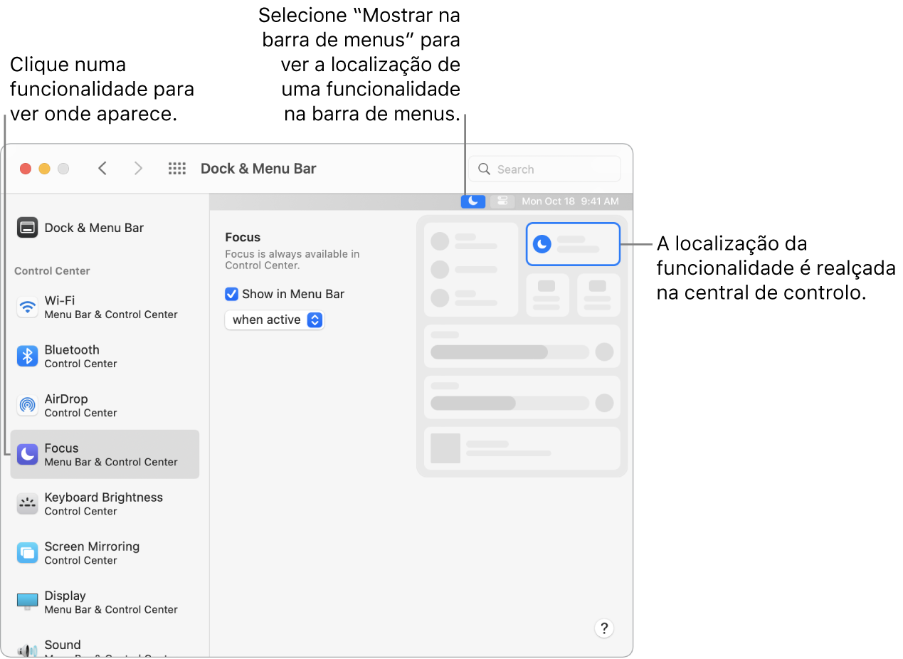 A janela das preferências de Dock e Barra de Menus.