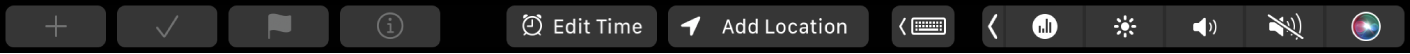 Touch Bar pentru Mementouri cu butoane pentru crearea unui memento nou, bifare, fanion, informații, adăugarea orei și a localizării.
