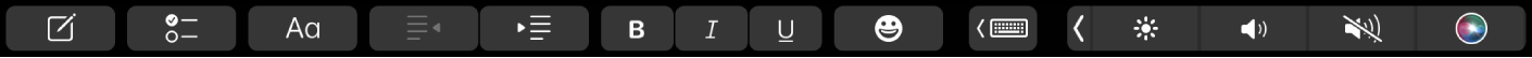 Touch Bar pentru Notițe cu butoane de formatare a textului. Comenzile de formatare includ alinierea la stânga și la dreapta, formatarea ca aldin, cursiv și subliniat. Există și un buton pentru afișarea sugestiilor de scriere.