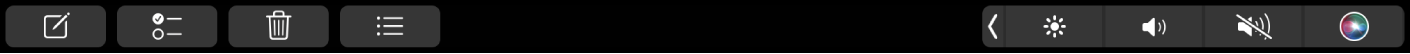 Touch Bar pre Poznámky s tlačidlami na vytvorenie novej poznámky, pridanie kontrolného zoznamu a vymazanie poznámky.