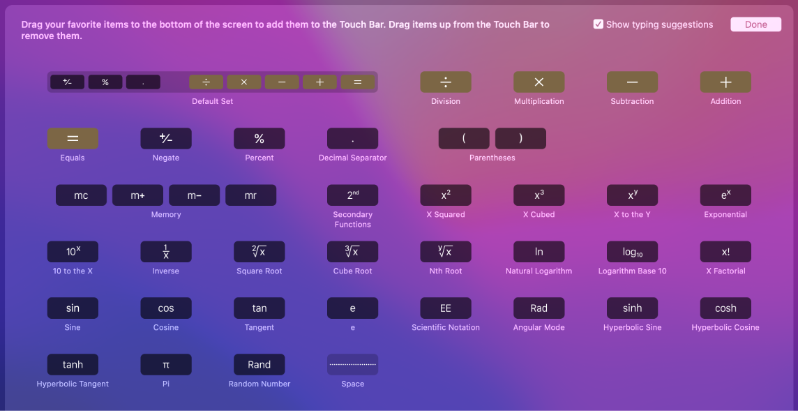 Predmete v vrstici Touch Bar aplikacije Calculator lahko prilagodite tako, da jih povlečete v vrstico Touch Bar.