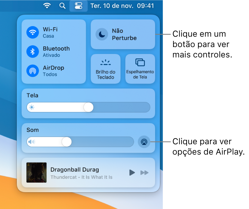 Visualização ampliada da Central de Controle no Mac.