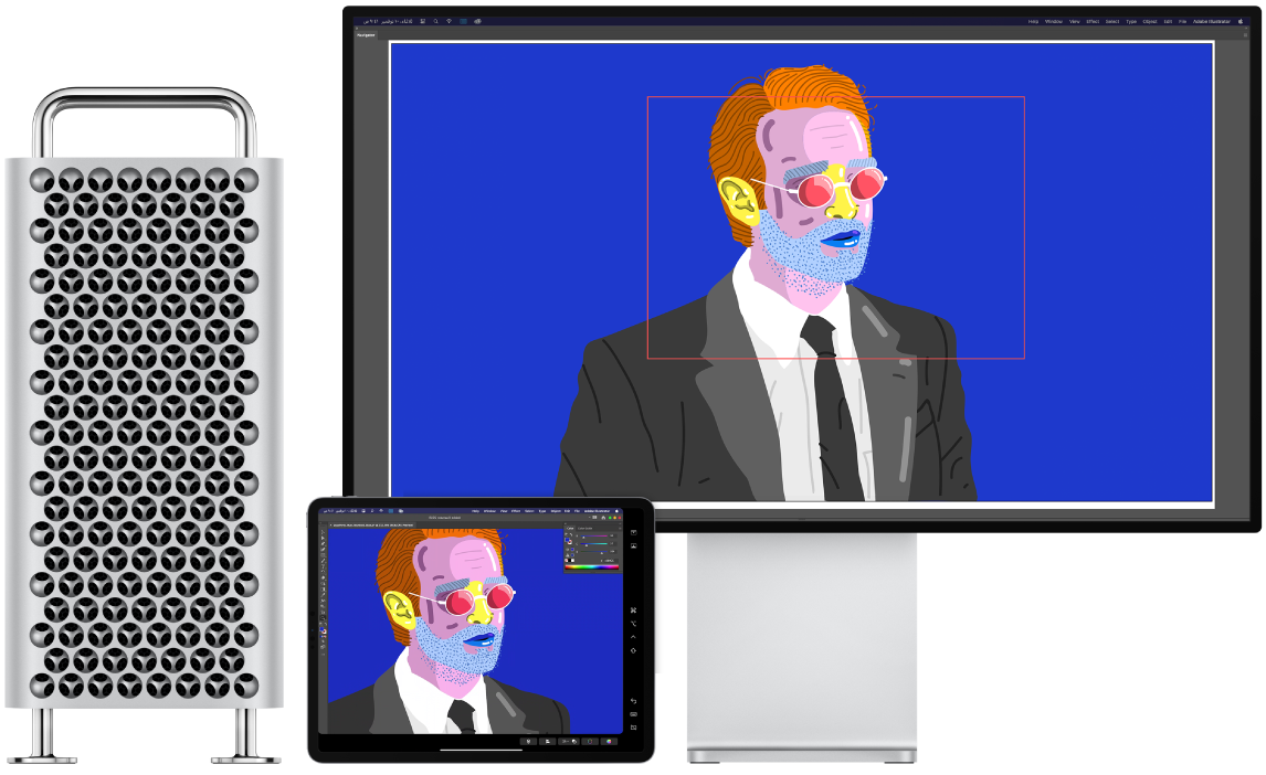كمبيوتر Mac Pro وجهاز iPad جنبًا إلى جنب. يعرض الـ Mac Pro عملاً فنيًا داخل نافذة المتصفح في Illustrator. يعرض الـ iPad نفس العمل الفني في نافذة مستند في Illustrator، محاطًا بأشرطة أدوات.
