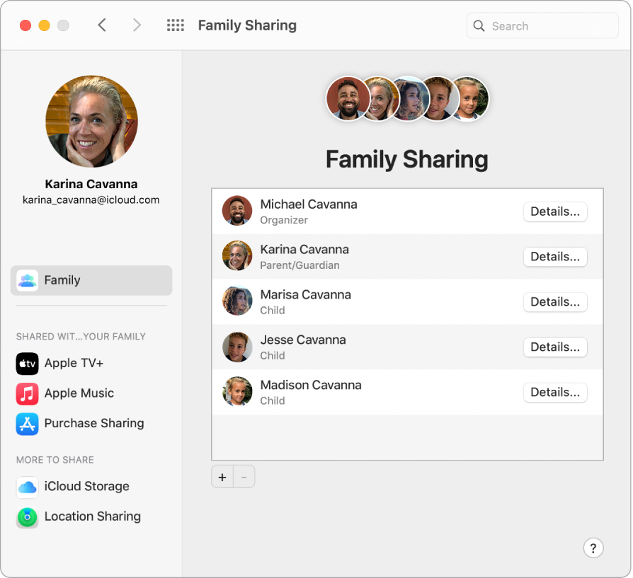 Eelistuste aknas kuvatakse funktsiooni Family Sharing seadeid.