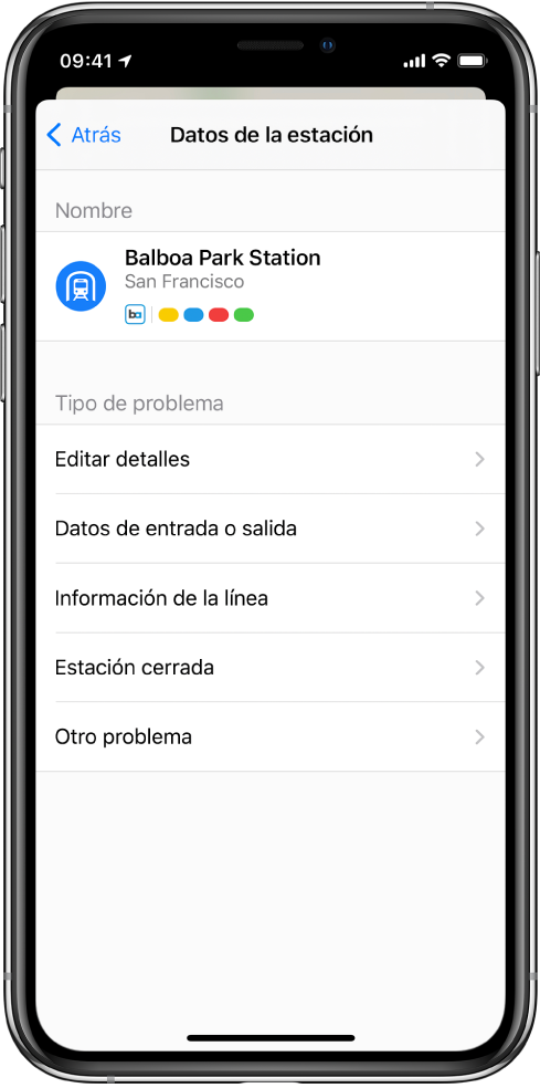 Una pantalla para reportar información incorrecta para una estación de transporte público. Los tipos de problemas disponibles para reportar son “Editar detalles”, “Datos de entrada o salida”, “Información de la línea”, “Estación cerrada” u “Otro problema”.