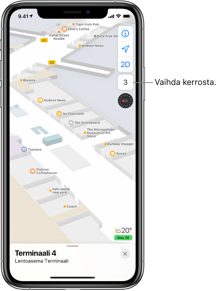 Lentoaseman terminaalin sisätilojen kartta. Kartassa näkyy liikkeitä ja lähtöportteja.