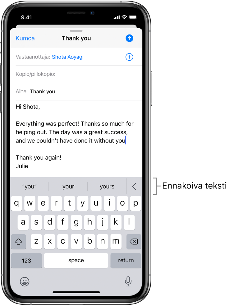 Muokattavana oleva sähköpostiviesti, jossa näkyy ehdotuksia seuraavan sanan täydentämiseen.