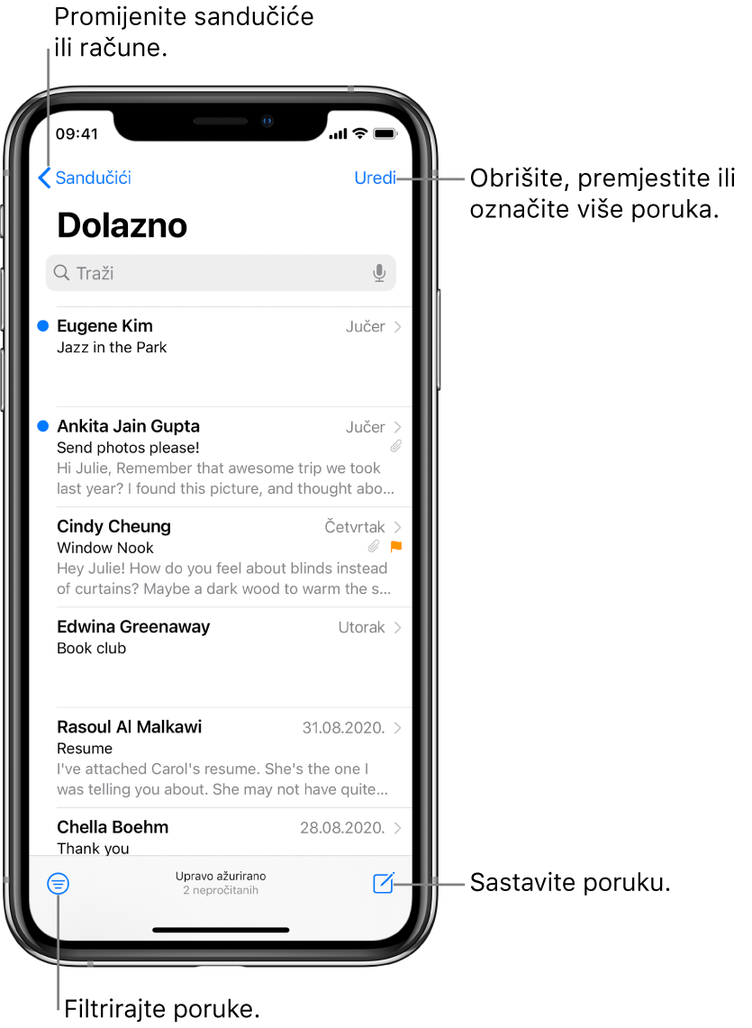 Dolazni pretinac koji sadrži popis e-mail poruka. Tipka Sandučići za odabir nekog drugog sandučića nalazi se u gornjem lijevom kutu. Tipka Uredi za brisanje, premještanje ili označavanje e-mail poruka nalazi se u gornjem desnom kutu. U donjem lijevom kutu nalazi se tipka za filtriranje poruka tako da se prikazuju samo određene vrste e-mail poruka. Tipka za sastavljanje nove e-mail poruke nalazi se u donjem desnom kutu.