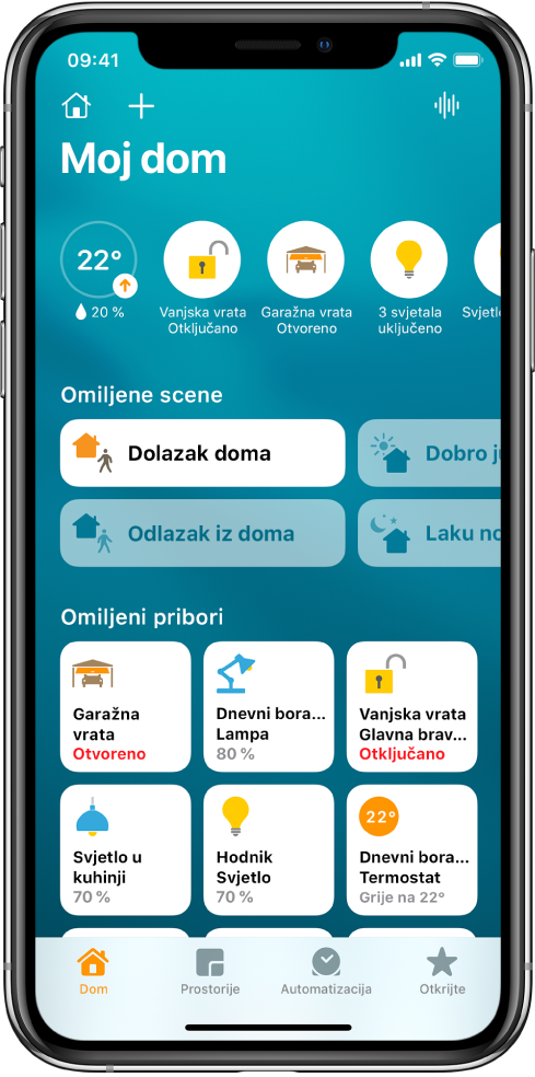 Kartica Dom, koja prikazuje scene i dodatni pribor koji su označeni kao omiljene stavke. Također su prikazane tipke za status pribora. Ostale kartice pri dnu su Prostorije i Automatizacija.