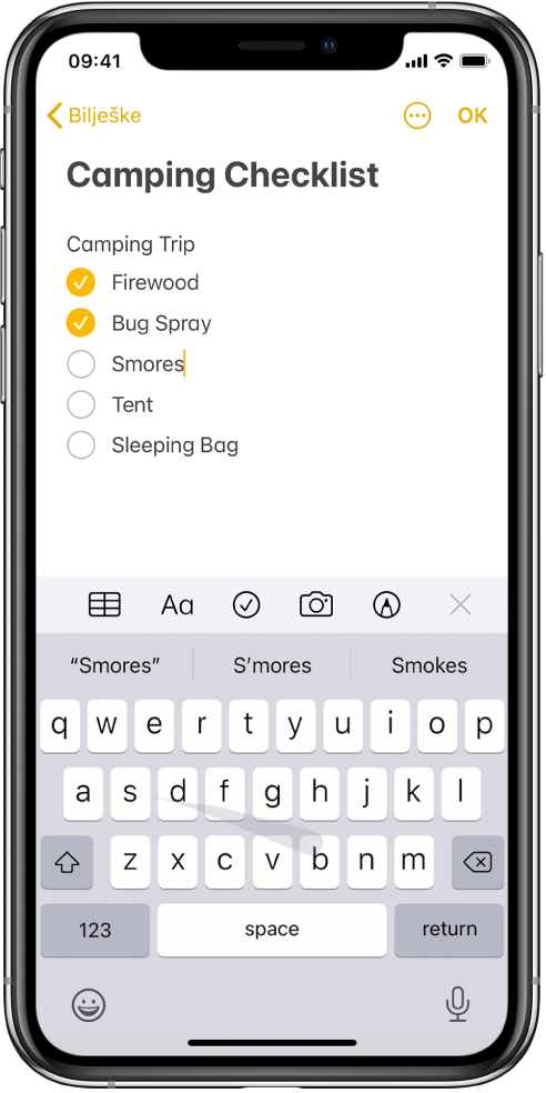 Tipkovnica iPhonea koja prikazuje tipkanje povlačenjem od jedne tipke do druge.