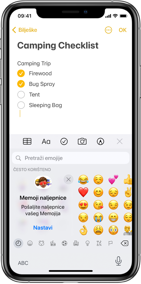 Bilješka koja se uređuje u aplikaciji Bilješke s otvorenom tipkovnicom za emojije i poljem Pretraži emojije na vrhu tipkovnice.