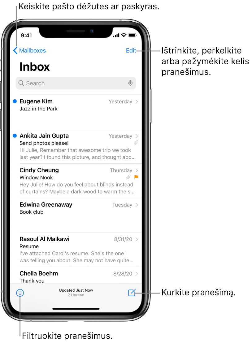 Gautų laiškų aplankas, kuriame pateikiamas el. laiškų sąrašas. Mygtukas „Mailboxes“, perjungiantis į kitą pašto dėžutę, yra viršutiniame kairiame kampe. Mygtukas „Edit“, skirtas el. laiškams pašalinti, perkelti arba pažymėti, yra viršutiniame dešiniame kampe. Mygtukas el. laiškams filtruoti, kad tik tam tikri laiškai būtų rodomi, yra apatiniame kairiame kampe. Mygtukas naujam el. laiškui kurti yra apatiniame dešiniame kampe