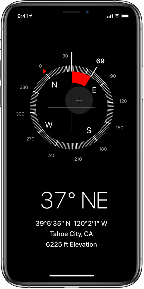 Ekranas „Compass“, kuriame nurodoma, kuria kryptimi rodo „iPhone“, dabartinė buvimo vieta ir aukštis.