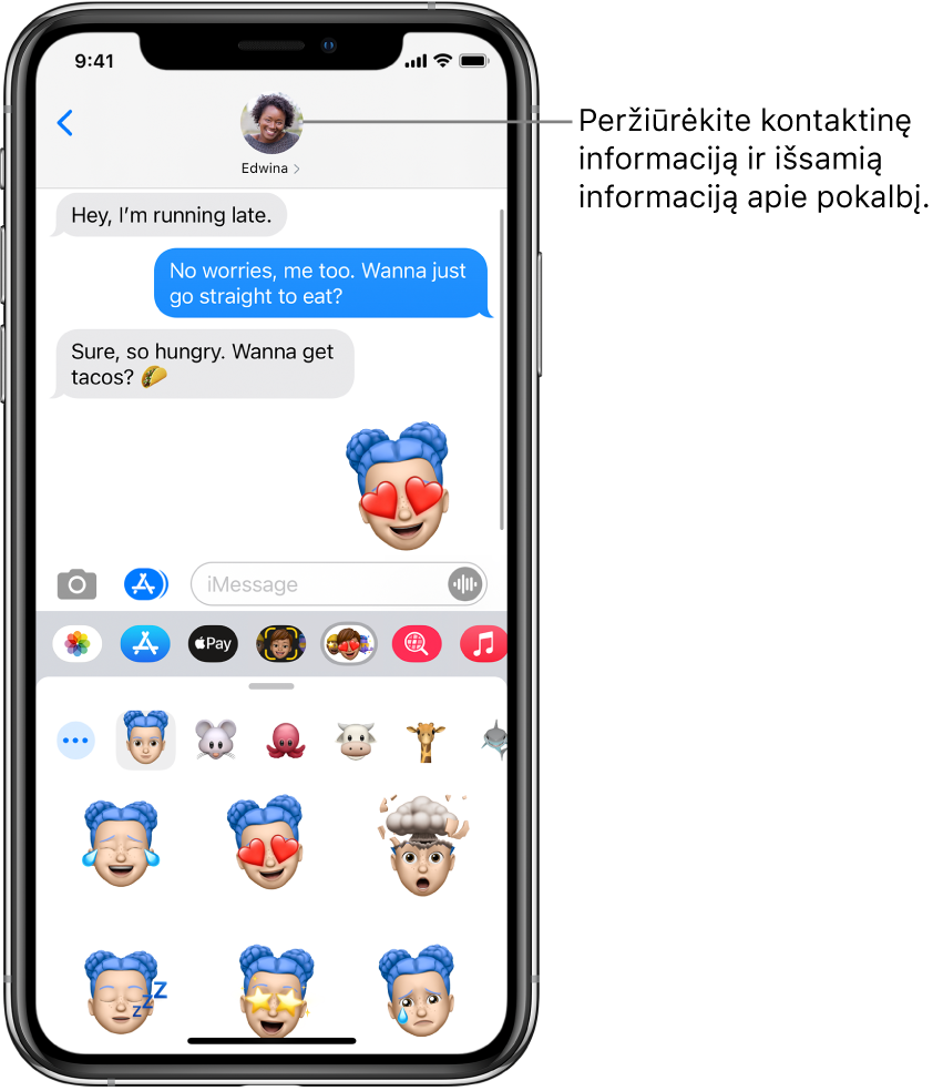 „Messages“ pokalbis. Viršuje, iš kairės į dešinę, yra grįžimo atgal mygtukas ir asmens, su kuriuo bendraujate, nuotrauka. Centre yra pokalbio metu išsiųstos ir gautos žinutės. Apačioje, ir kairės į dešinę, yra mygtukai „Photos“, „Stores“, „Apple Pay“, „Memoji“, „Hashtag Images“, „Music“ ir „Digital Touch“.