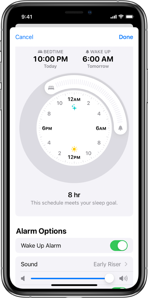 Programos „Health“ parinkties „Sleep“ nustatymo ekranas. Ekrano viduryje yra laikrodis, miego laikas nustatytas 22.00 val., o pabudimo laikas – 6.00 val. Žadintuvo parinktyse įjungtas pabudinimo žadintuvas, pasirinktas garsas „Early Riser“ ir nustatytas didelis garsumas.