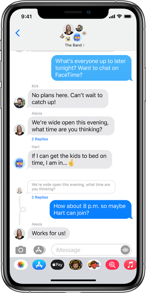 „Messages“ grupės pokalbyje rodomi atsakymai į konkrečias žinutes.