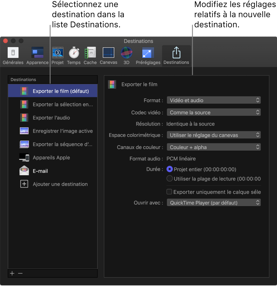 Fenêtre Préférences de Motion affichant l’option « Exporter le film » sélectionnée dans la fenêtre Destinations