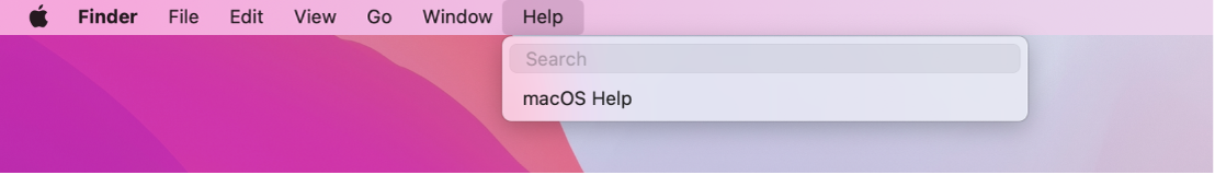 Un bureau partiel avec un menu Aide ouvert, affichant les options de menu pour Recherche et Aide macOS.