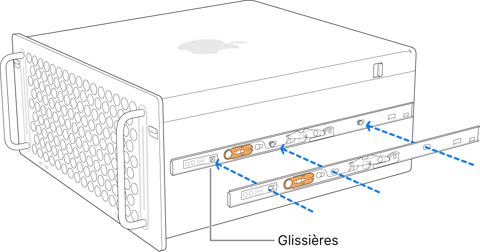 Le Mac Pro avec un rail intérieur étant fixé à son bord.